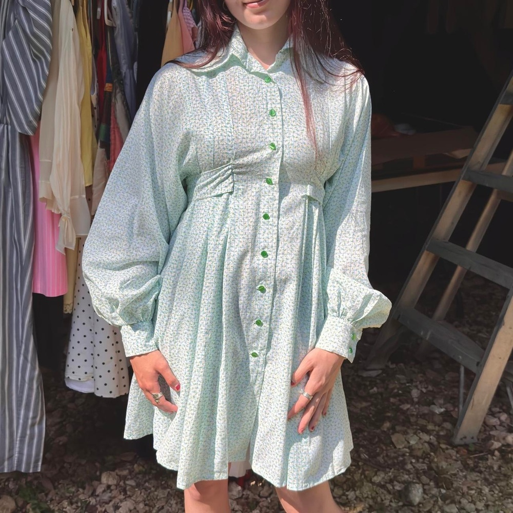 60s vintage mint green ditsy floral cottagecore mod mini dress balloon dog ear